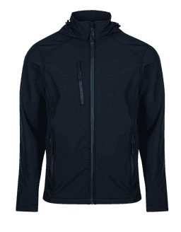 A navy jacket with a hood, featuring zippered pockets and a sleek design, includes a logo.