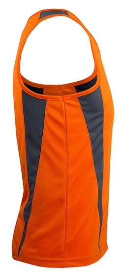 An orange singlet with grey vertical panels, featuring a logo on the side.