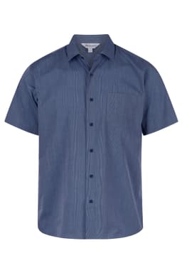A short sleeve, button-up men's shirt in a deep blue colour with a chest pocket and a branded tag.