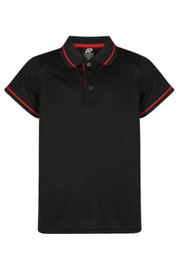 A black polo shirt with red accents, featuring a collar, short sleeves, and buttons. It has a logo on the tag.