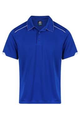 A blue polo shirt with white accents and a branded label on the collar.