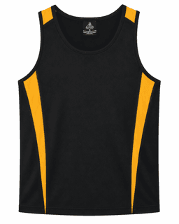 A black singlet featuring yellow side panels and a logo. Suitable for active wear.