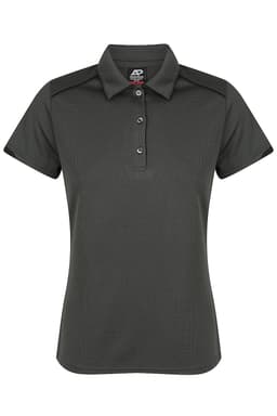 A dark green polo shirt featuring a collar, three buttons, and a logo on the chest.