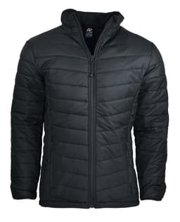 A black padded men's jacket featuring a zip closure and two side pockets, with a logo on the label.