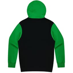 A hoodie featuring a black body with green sleeves and hood, also includes a logo on the design.