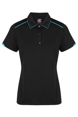 A black polo shirt with turquoise accents, featuring a collar and short sleeves, and a logo on the label.