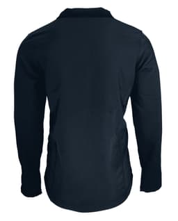 A black soft shell jacket with long sleeves and a back view. The item features a logo.