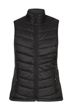 A black puffy vest with a high collar and zippered front, featuring side pockets and a fitted design.
