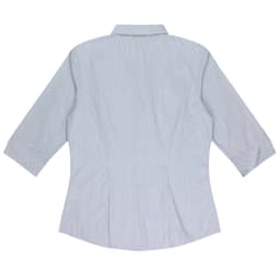 A button-up shirt in light blue with vertical stripes and 3/4 sleeves. Features a collar and has a logo.