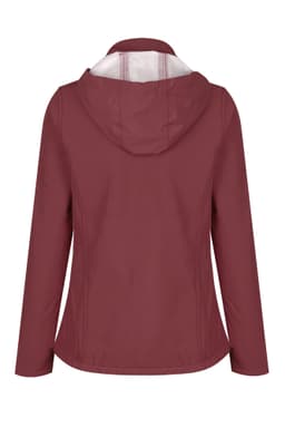 A soft shell jacket in a deep burgundy colour with a hood and a white lining. It features a logo on the back.