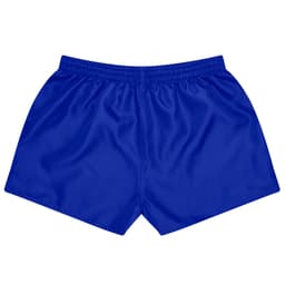 Blue rugby shorts featuring an elastic waistband and a smooth finish, suitable for sports uniforms.
