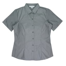 A short-sleeve button-up shirt in a grey shade, featuring a fitted design and a classic collar. It has a logo.