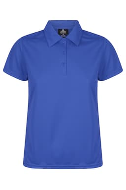 A blue polo shirt with a collar and three buttons, featuring a logo on the tag inside.