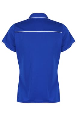 A blue polo shirt featuring a white trim and a branded logo on the back.