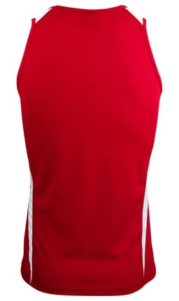 Red singlet featuring white side panels and a branded logo at the back.