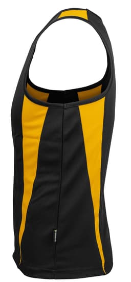 A black and yellow men's singlet with a sleek design and a logo on the side.