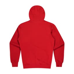 A red hoodie featuring a back view with a hood and long sleeves. It has a logo on the back.