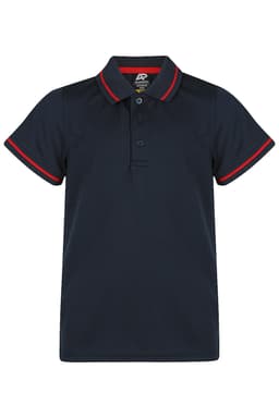 A navy blue polo shirt with red contrast trim and a logo on the chest. It features a classic collar and three buttons.