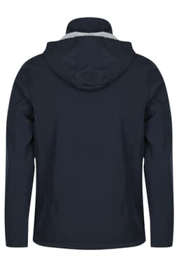 A navy jacket with a hood, featuring a simple design and a logo on the back.