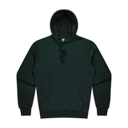 A dark green men's hoodie with a pointed hood and a front kangaroo pocket, featuring a logo.