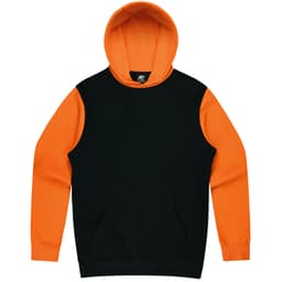 A hooded jumper featuring a black body and bright orange sleeves, complete with a front pocket and a logo.