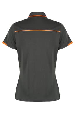 A back view of a dark grey polo shirt with orange detailing and a logo.