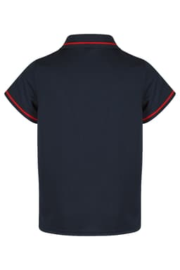 A navy polo shirt with a collar and short sleeves, featuring red trim along the collar. It has a logo on the chest.