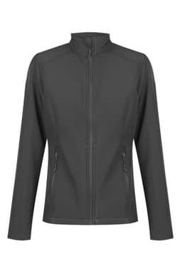 A soft shell jacket in black with a zip front and two side pockets. Features a logo on the chest area.