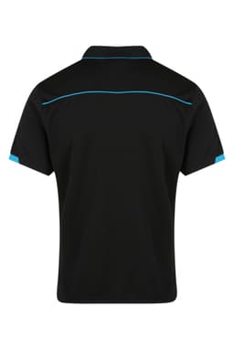 A black polo shirt with blue accents and a logo, featuring a classic collar and short sleeves.