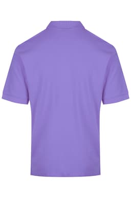 A purple polo shirt featuring a collar and short sleeves, with a logo on the back.