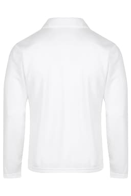 A white long-sleeve polo shirt featuring a collar and a plain back design. It has a logo on the side.