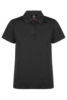 A black polo shirt featuring a classic collar and button placket, designed for a polished look.