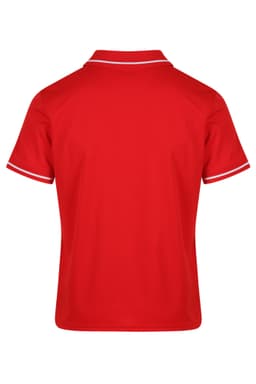 A red polo shirt featuring white trim, showcasing a back view. The shirt has a collar and short sleeves.