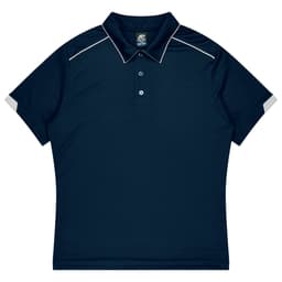 A navy sports polo featuring a collar, buttons, and grey accents on the sleeves. It has a logo on the chest.