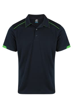 A navy polo shirt with green accents and a logo on the chest. Short sleeves and a classic collar design.