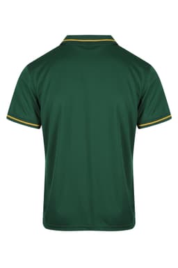 A green polo shirt featuring yellow trim at the collar and sleeves, with a logo on the back.