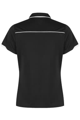 A black polo shirt with white piping detail, featuring a collar and short sleeves. It has a logo.