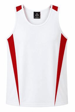 A white singlet with red accents, featuring a logo on the front. Suitable for casual or athletic wear.