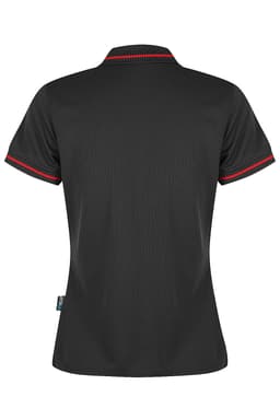 A black polo shirt with a stylish collar and red trim, featuring a logo.