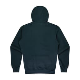 A dark green hoodie featuring a kangaroo pocket and a hood, with a plain back view.
