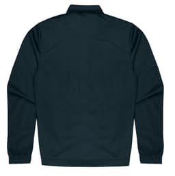 A dark green jacket with long sleeves and a collar featuring elastic cuffs and a simple design on the back.
