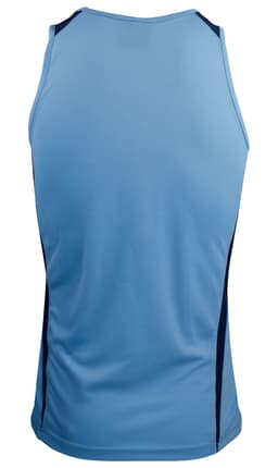 A blue men's singlet featuring a smooth design with darker blue side panels and a logo on the back.