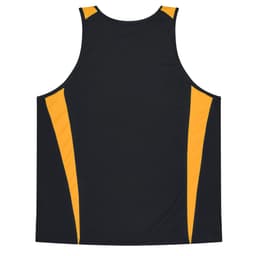 A black singlet with yellow accents on the sides and a logo on the back.
