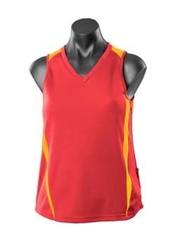 A red singlet with yellow accents, featuring a v-neck design and a logo on the side.