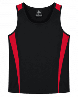 A black singlet with red side panels, featuring a logo. Suitable for men's casual wear or active use.