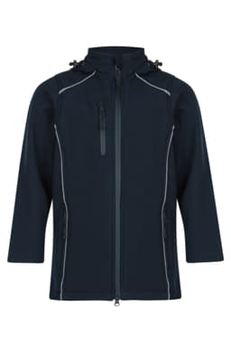 A navy blue jacket featuring a zip front, multiple pockets, and contrasting grey seams. It has a logo on it.
