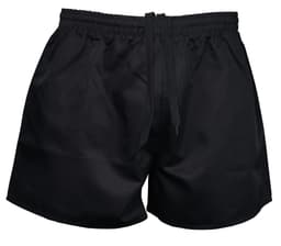 Black rugby men's shorts featuring an elastic waistband and drawstring. Includes a branding logo.