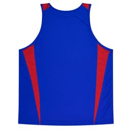 A blue singlet with red side panels and a slightly streamlined design, featuring a logo.