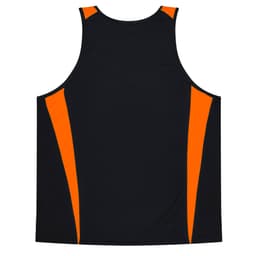 A black singlet featuring orange side accents and a logo on the front. Suitable for kids' active wear.