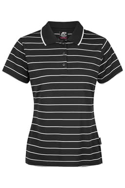 A black and white striped polo shirt featuring a collar and short sleeves, with a logo on the side.